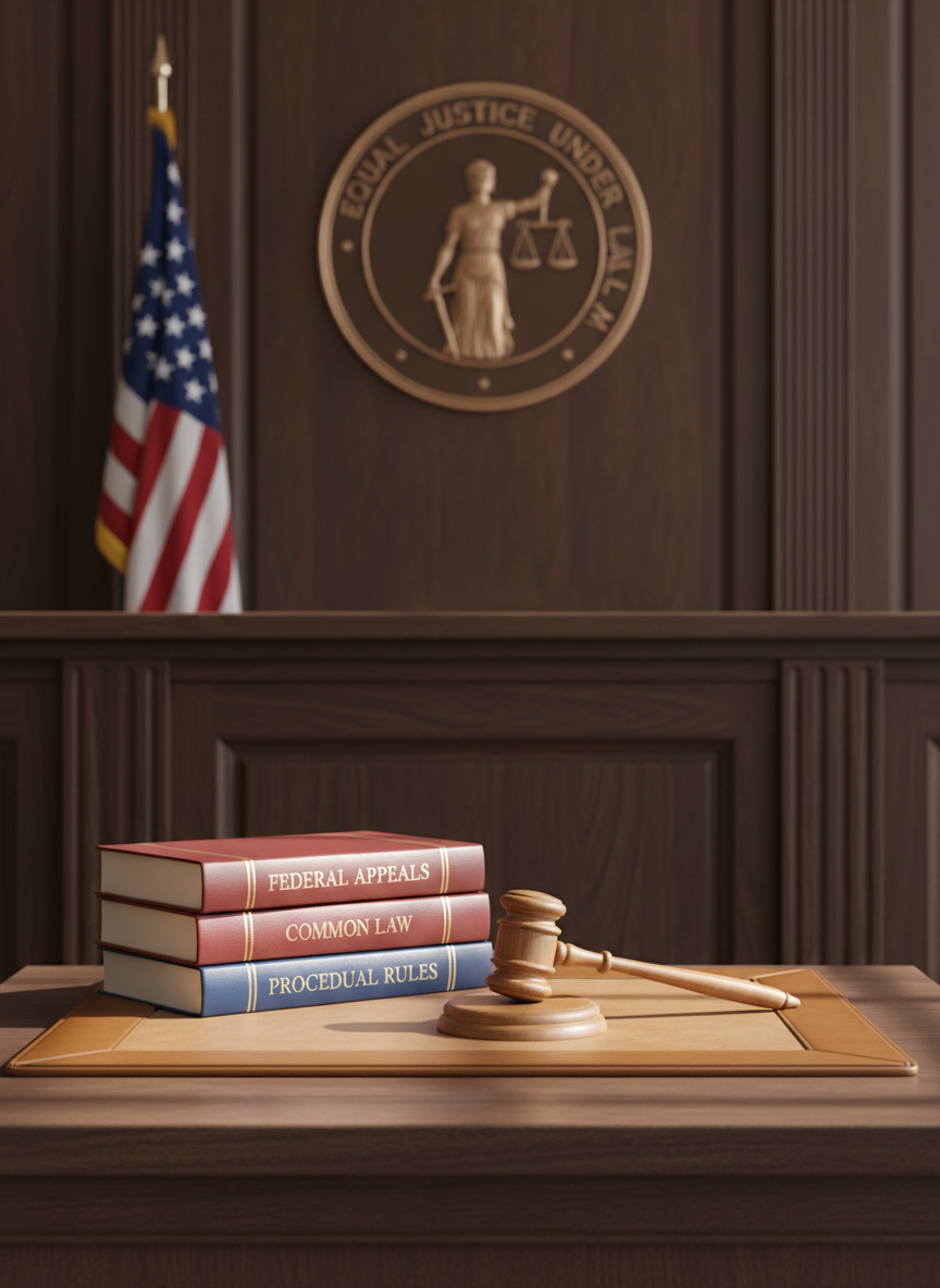 A polished wooden judge’s bench with a richly grained dark walnut surface, a neatly arranged stack of legal casebooks, and a single well-crafted wooden gavel resting on a leather blotter. Behind the bench rises a paneled wall with a large, dignified seal of justice and a subtle American flag out of focus to one side. Soft, diffused daylight filters in from high windows, creating gentle highlights along the bench’s edges and casting modest shadows that suggest calm authority. Photographed at eye level in photographic realism, with a shallow depth of field that keeps the bench in crisp focus while the background blends into a professional, reassuring blur, the atmosphere is trustworthy, orderly, and devoted to fairness.