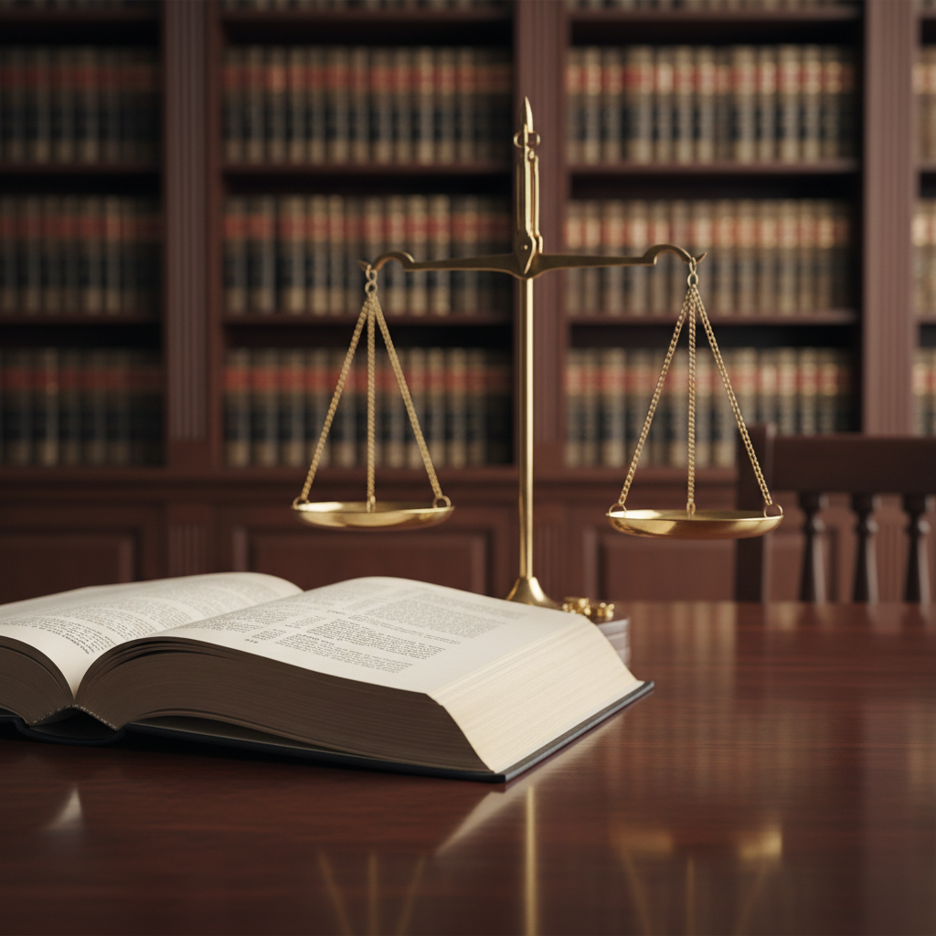 An open law book with crisp, cream-colored pages and fine black text lies flat on a smooth mahogany table, a brass scale of justice positioned just behind it. The scale’s polished surfaces catch warm overhead courtroom lighting, creating subtle reflections on the tabletop. In the softly blurred background, tall shelves of leather-bound legal volumes and a hint of a courtroom railing suggest a formal judicial setting. Captured in photographic realism from a slightly elevated angle using the rule of thirds, the focus is sharp on the book’s center and the scale’s balanced arms, symbolizing careful reasoning and even-handed judgment. The mood is serious yet hopeful, emphasizing diligence, integrity, and the weight of public trust.